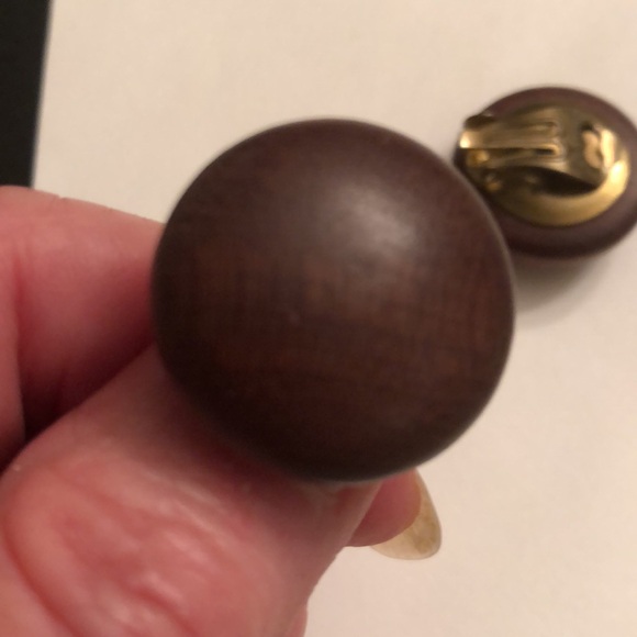 Vintage Brown Matte Wood Oversized Comfort Clip Earrings Made in Germany - #436 - Picture 3 of 6